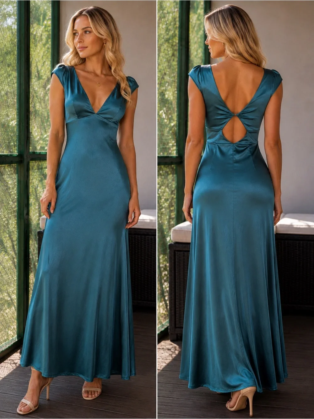 Satin V-Neck Maxi Dress with Open Back - Teal